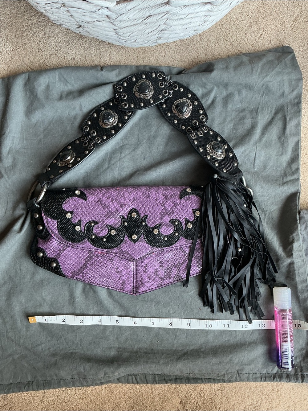 Vintage Y2K Black and Purple Studded Fringe Shoulder Bag